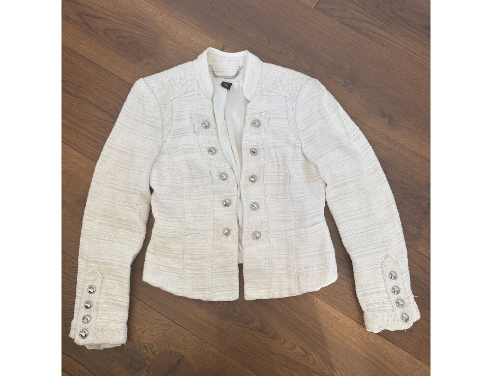 White House Black Market Ivory Tweed Military Trophy White Jacket Size 6 Women